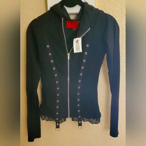 Tripp HotTopic Black Zipper Hoodie Grommets Ruffle Longsleeve Garter Goth S NWT